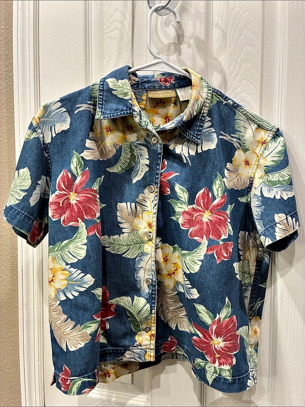 Liz Claiborne Floral Button Down Shirt Blue Size Medium